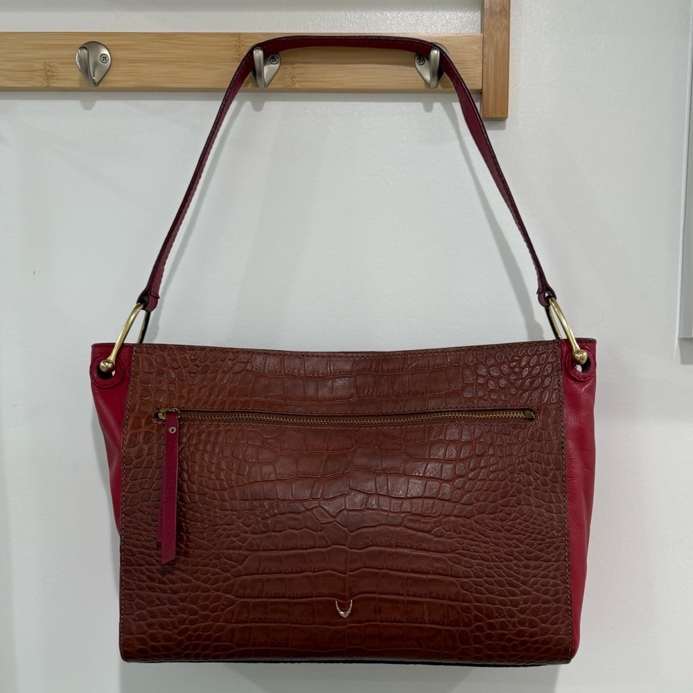 Hidesign EE Jupiter II Leather Shoulder Bag Croc Embossed Brown Red - Picture 4 of 13
